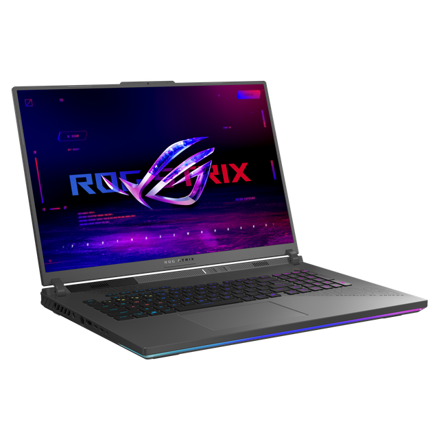 Off center shot of the front of the Strix G18 (G814), with the ROG Fearless Eye logo on screen